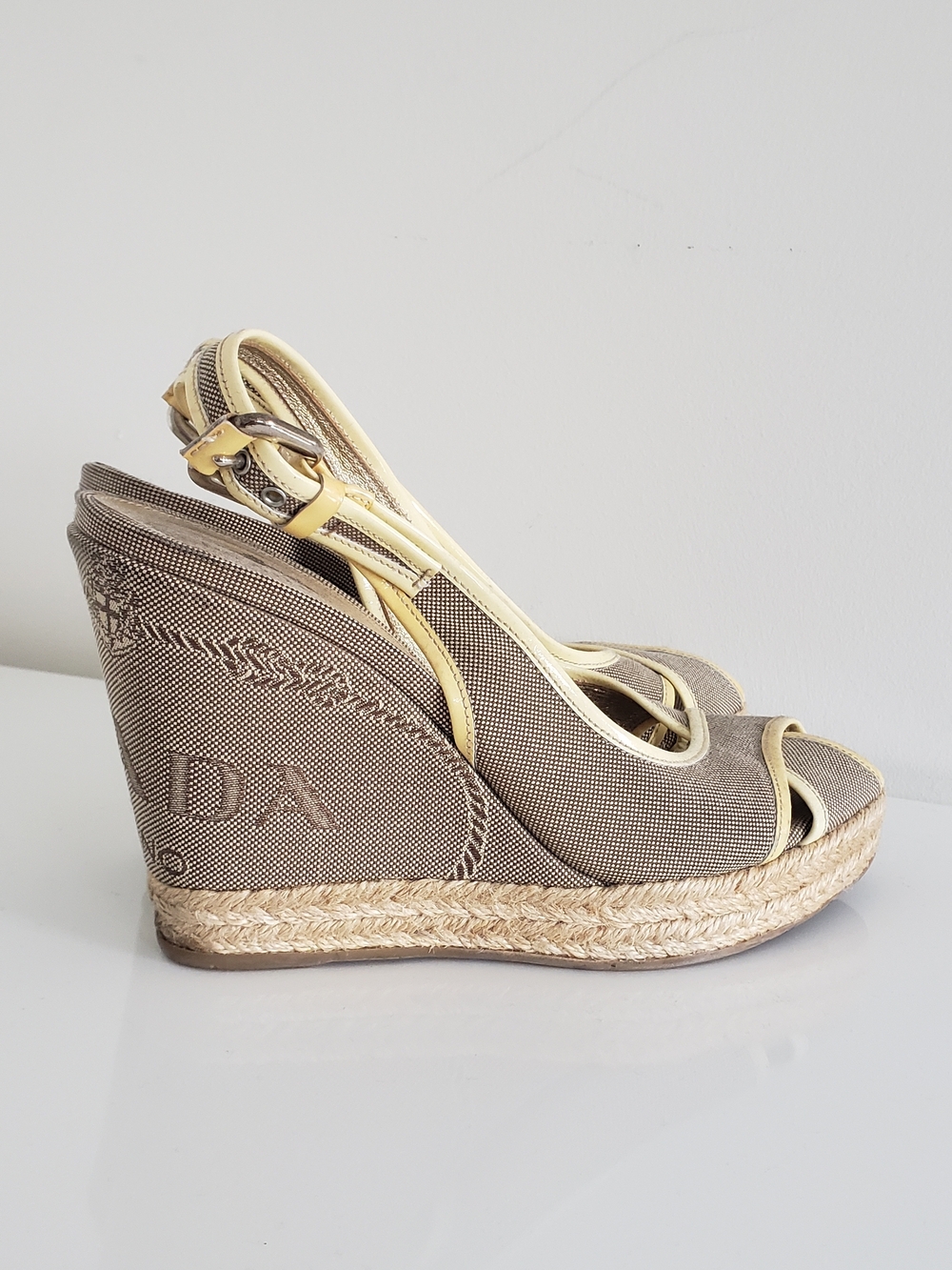 Prada Beige Canvas Wedge Espadrille Sandals